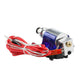 3D printer hotend extrusion head side view with blue heatsink and red/white wires