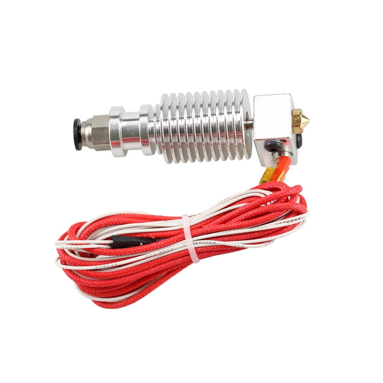 3D printer hotend extrusion head close-up with threaded nozzle and red/white cable