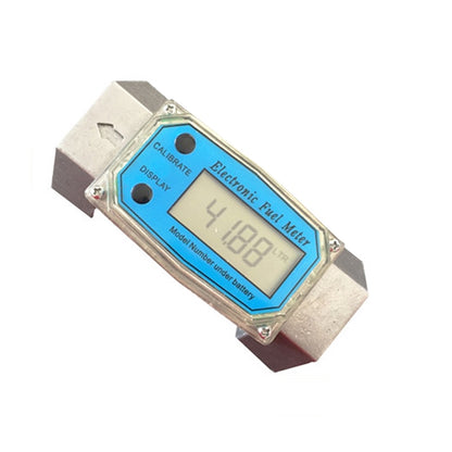 Electronic display turbine flow meter with blue LCD and calibration buttons on metal body