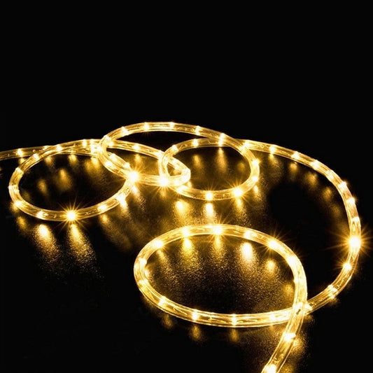 Warm white LED tube string lights with glowing bulbs on a looped cable