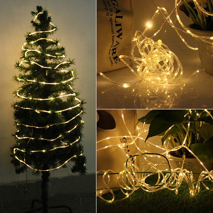 Warm white LED tube string lights wrapped around a small conifer tree