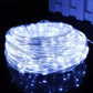 Cool white LED tube string lights with clear coiled tube, bright glowing bulbs
