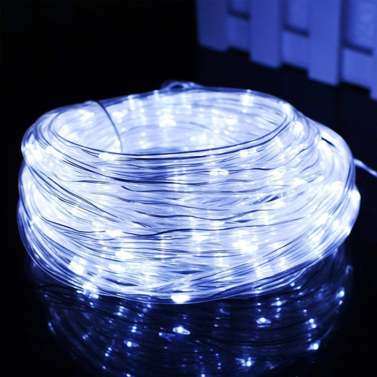 Cool white LED tube string lights with clear coiled tube, bright glowing bulbs