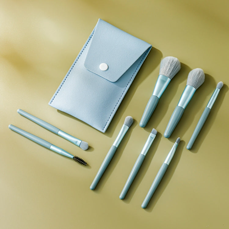 Sky blue makeup brush set with 8 mini brushes and faux leather holder