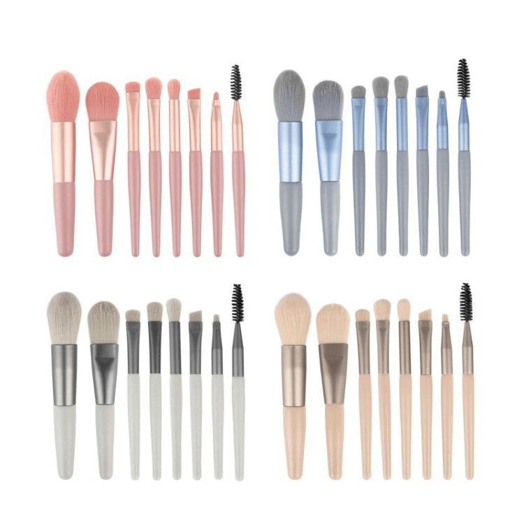 Assorted mini makeup brush set set with 8 brushes in pink, blue, and gray