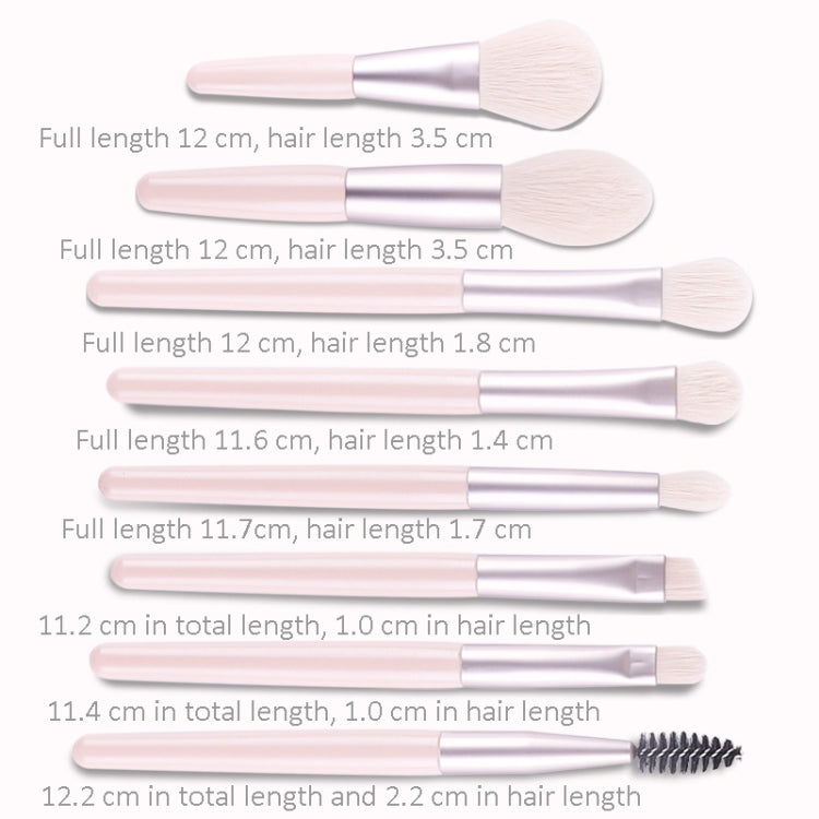 Mini makeup brushes with labeled lengths on white background