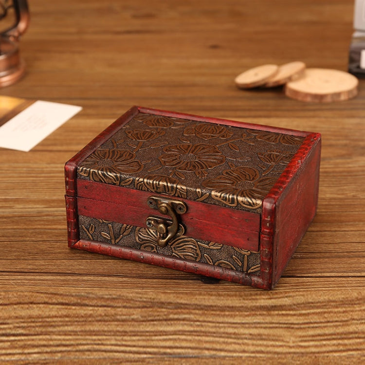 Vintage wooden jewelry box, red wood with ornate engraved lid and brass lock clasp