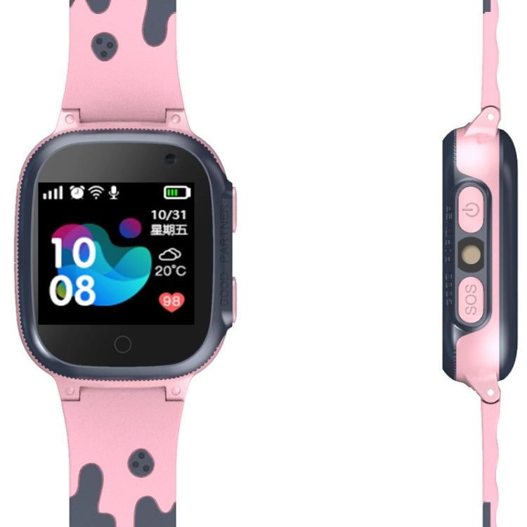 Pink kids smart watch phone close-up showing screen and side SOS button