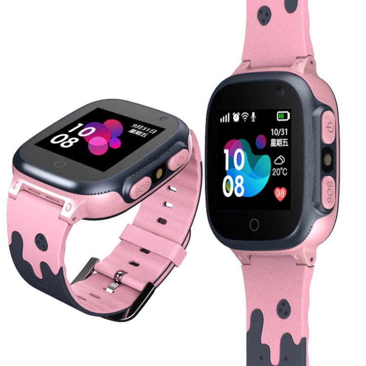 Pink kids smart watch phone angled view with colorful icons on the display