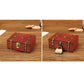 Red wooden jewelry box with brass lock, shown from two angles