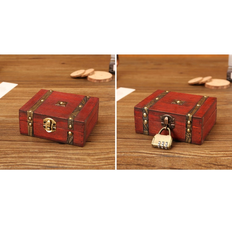 Red wooden jewelry box with brass lock, shown from two angles