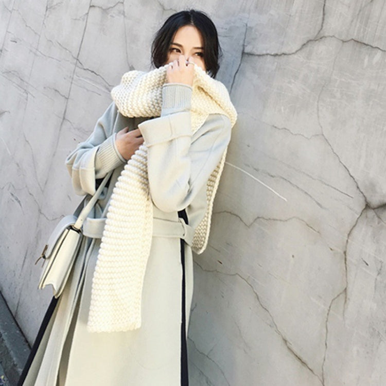 Thick knitted wool scarf, solid cream-beige, long wrap, chunky textured weave