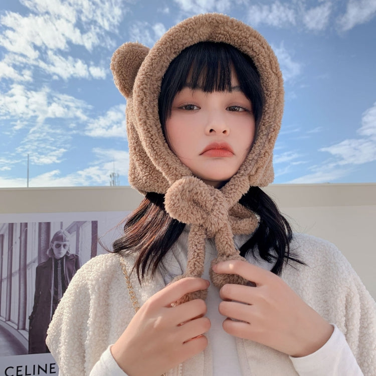 Beige sherpa bear-ear winter hat with knotted tether scarf detail