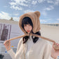 Beige plush bear-ear winter hat with long tether ties