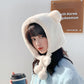 White plush bear-ear winter hat with soft chin tether
