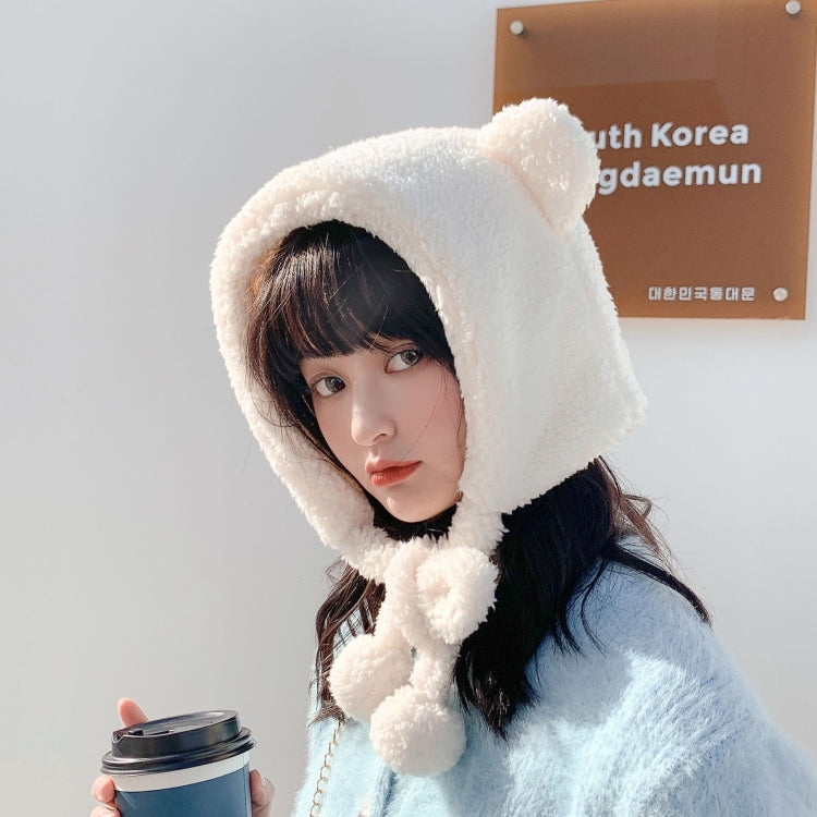 White plush bear-ear winter hat with soft chin tether