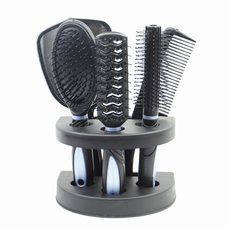 6-in-1 hair comb set with round base, black bristle brushes and massage scalp pads