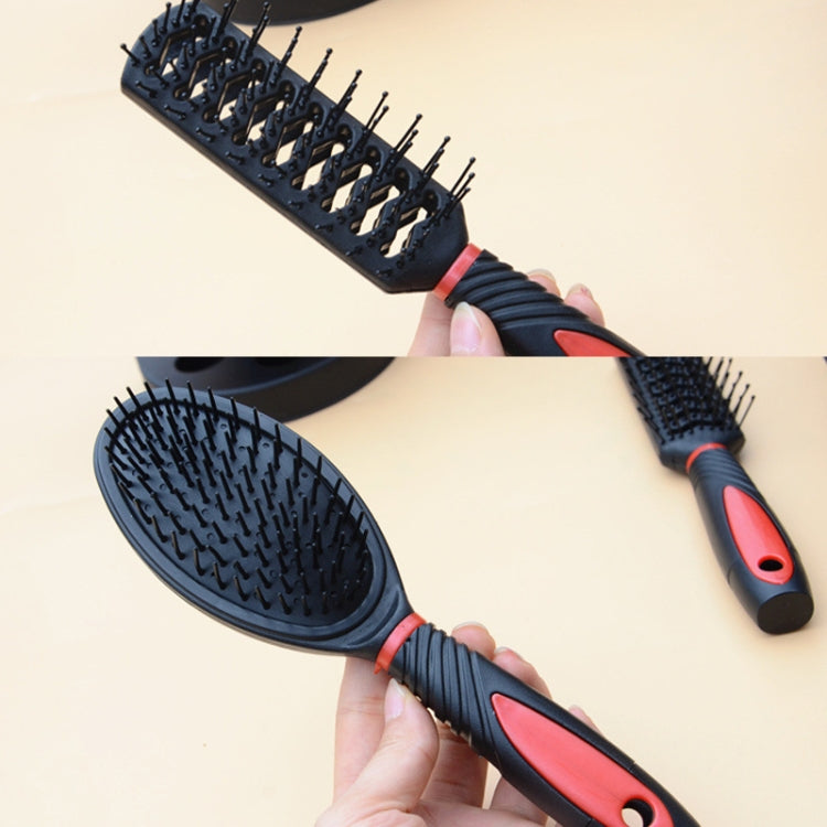 Handheld hair brushes with black and red ergonomic grip; pin and detangling bristles