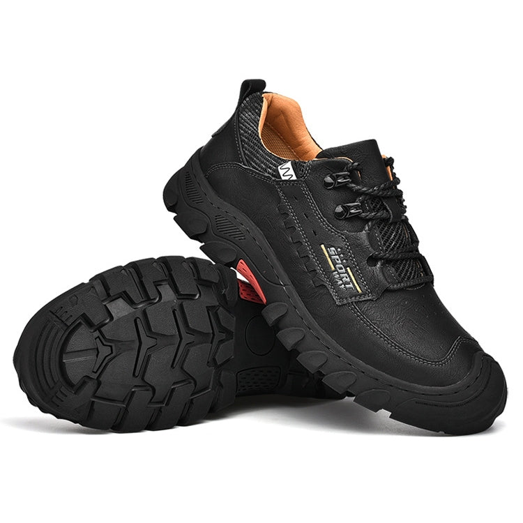 Men's black hiking shoes with lace-up front and textured, grippy outsole