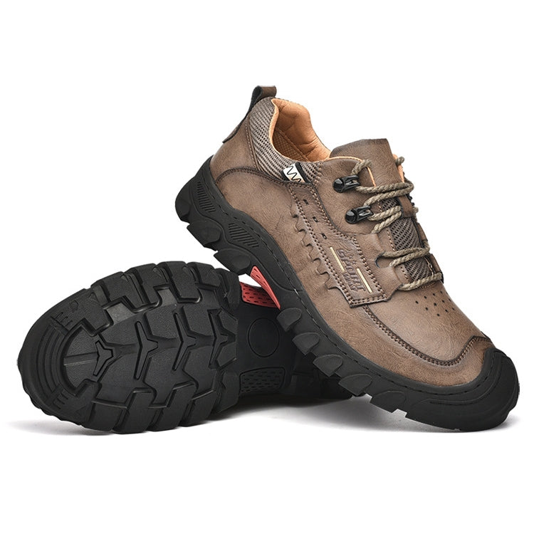 Men's lace-up hiking shoes, tan leather upper with textured side panel details