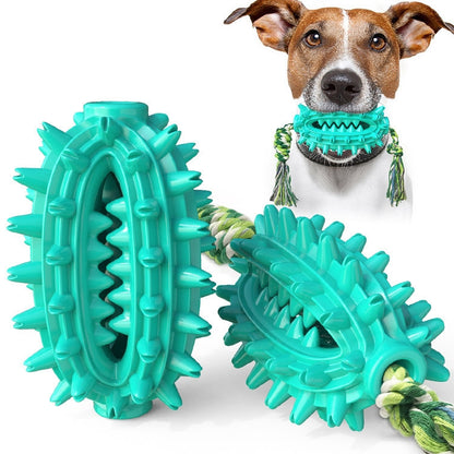 Aqua blue spiked dog molar chew toy with rope handles.