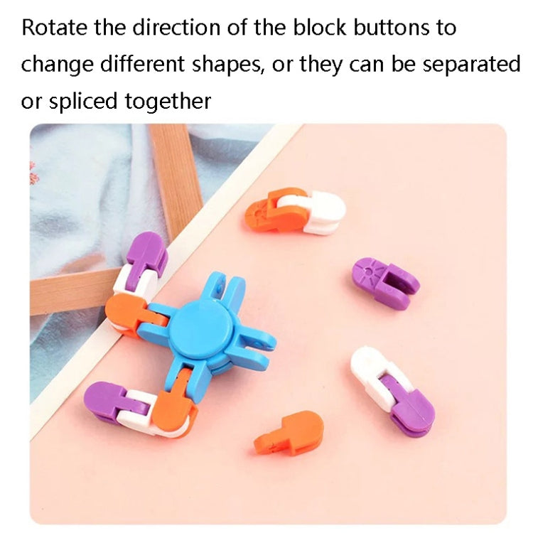 Orange, purple, and blue plastic finger spinner chain blocks, cross-shaped