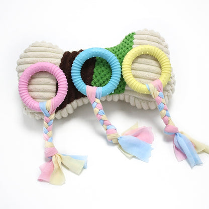 Colorful rope dog chew toy with three round TPR rings and braided tassels