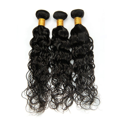 Black water-wave synthetic hair bundle, three weft bundles with gold thread ties
