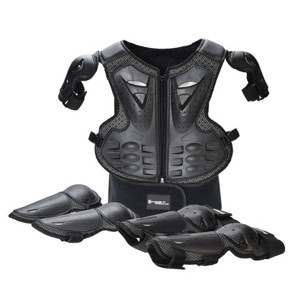 Black children motorcycle safety vest with elbow and knee pads set for riding protection