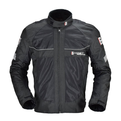 Men's black motorcycle racing jacket with full-zip front, stand collar, and chest logo
