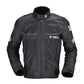 Men's black motorcycle racing jacket with full-zip front, stand collar, and chest logo