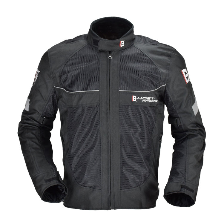 Men's black motorcycle racing jacket with full-zip front, stand collar, and chest logo