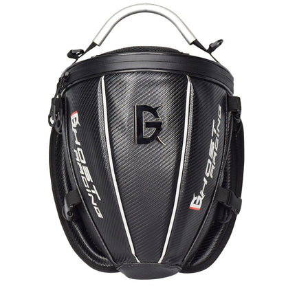 Black motorcycle riding bag with carbon-fiber graphic panels and top handle