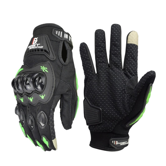 Motorcycle racing gloves, full-finger black with green accents and knuckle armor, touch screen