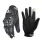 Motorcycle riding gloves, full-finger black with light beige thumb panel and protective knuckle armor
