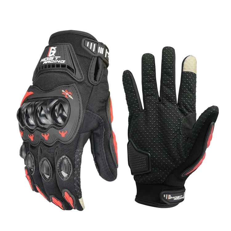 Motorcycle racing gloves, full-finger black with red accents and molded knuckle armor, touch screen