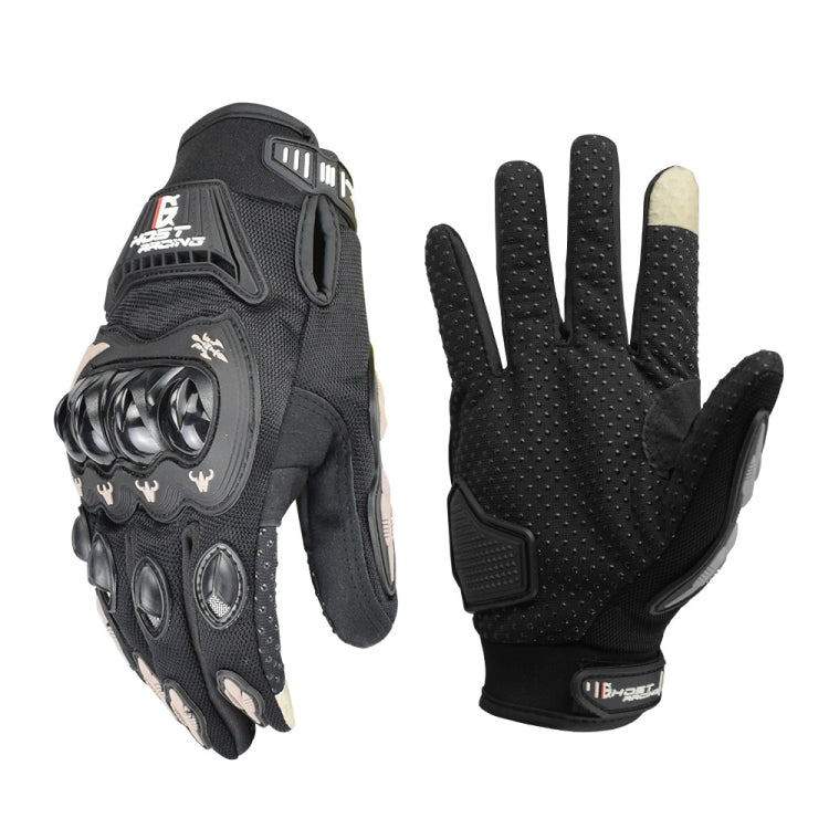 Motorcycle riding gloves, full-finger black with beige thumb and molded protective knuckles