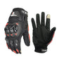Motorcycle racing gloves, full-finger black with red flame accents and molded knuckle armor