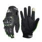 Motorcycle riding gloves, full-finger black with green accents, textured palm and protective knuckles