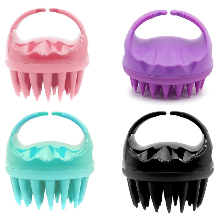 Set of silicone hair washing brushes in pink, purple, teal, and black with bristles