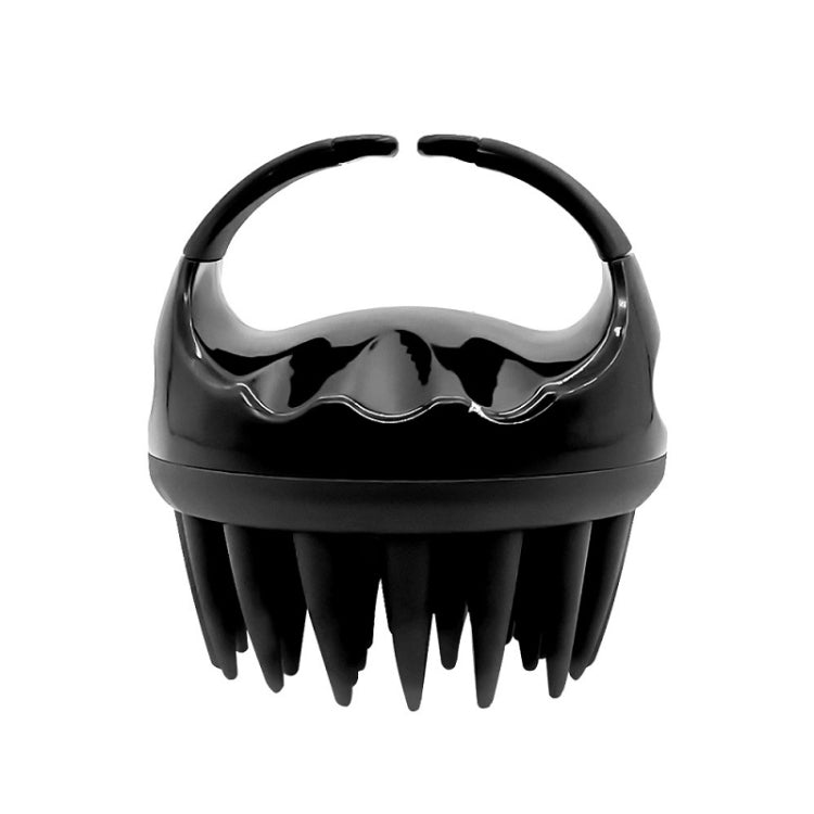 Black silicone scalp hair washing brush with round handle and pointed bristles