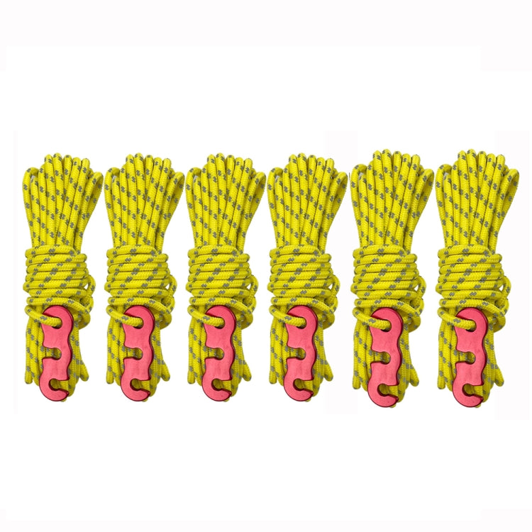 Yellow camping tent wind ropes with red buckle clasp, bundled set