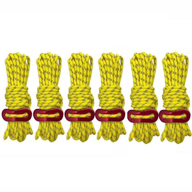 Yellow tent wind rope set with red buckle clasp, multiple bundled pieces