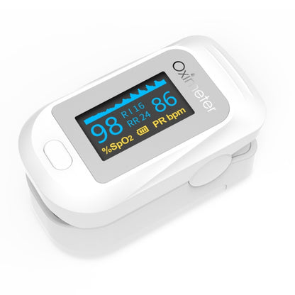 White finger pulse oximeter with digital SpO2 and PR bpm display