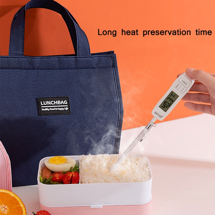 Navy insulated lunch box bag with thermometer probe inserted into the meal