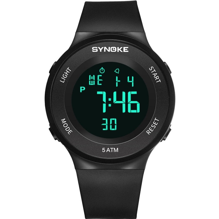 SYNOKE luminous LED electronic watch with black case, black strap, and green display