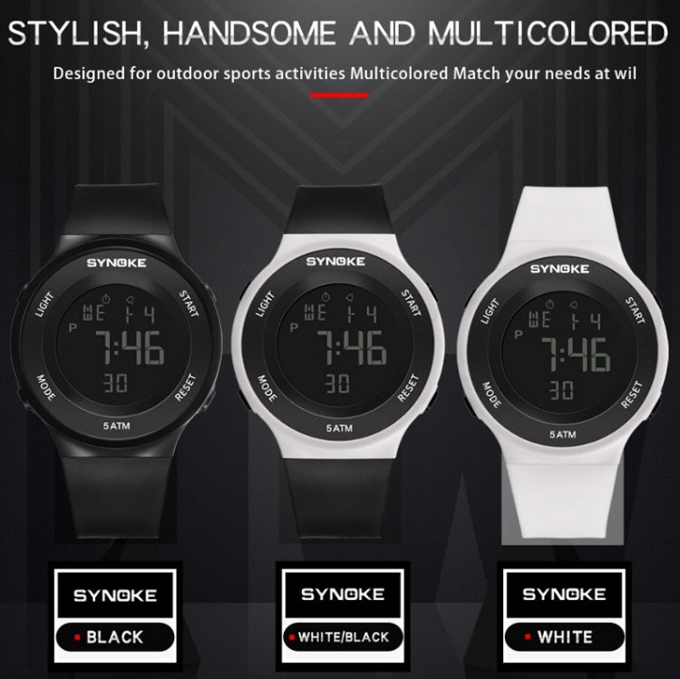 SYNOKE luminous LED watch showing black, white/black, and white band color options