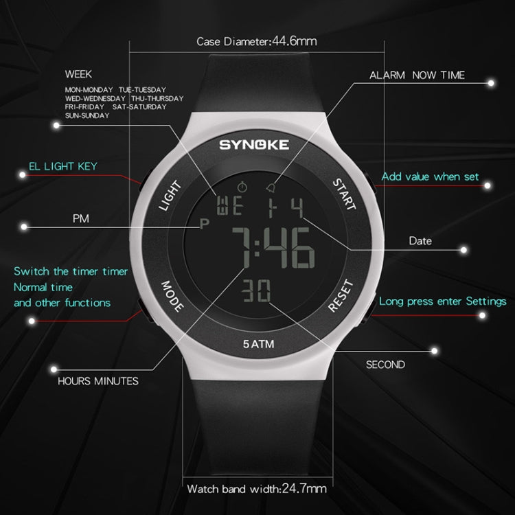 SYNOKE luminous LED electronic watch front view with green digital time