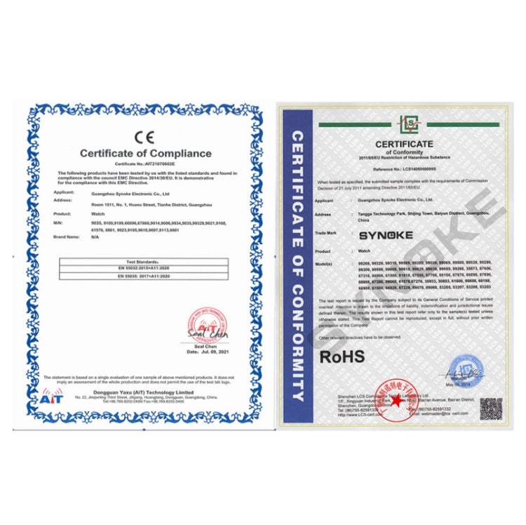Regulatory compliance certificate documents for SYNOKE luminous LED watch