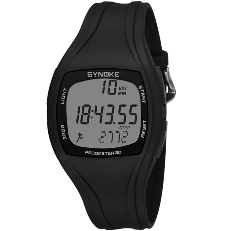 Black sports pedometer watch with digital display and molded strap
